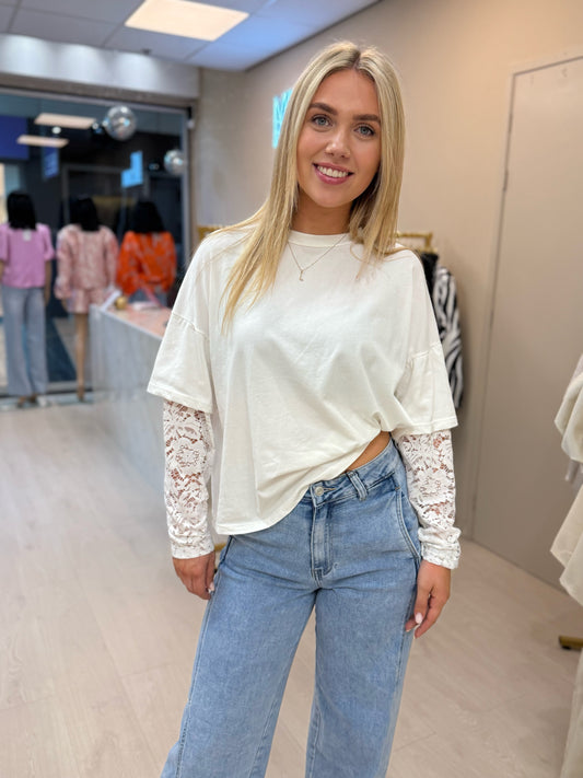 LACE SLEEVE T-SHIRT - WHITE