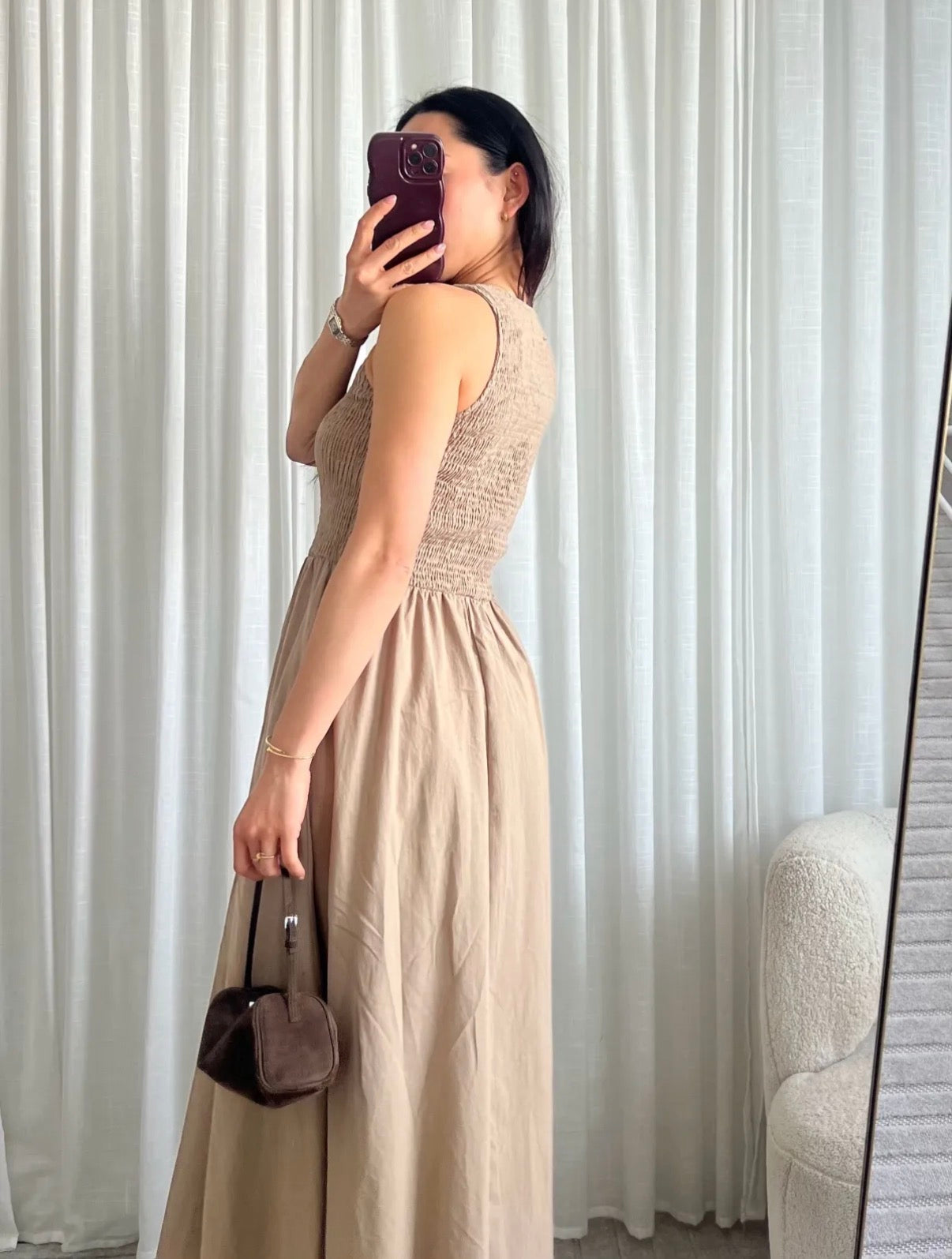 Smocked cotton maxi dress taupe