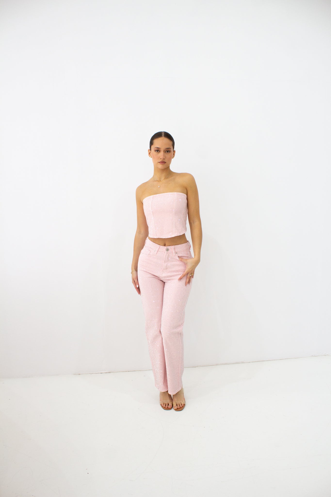 RHINESTONE STRAIGHT LEG JEANS PINK