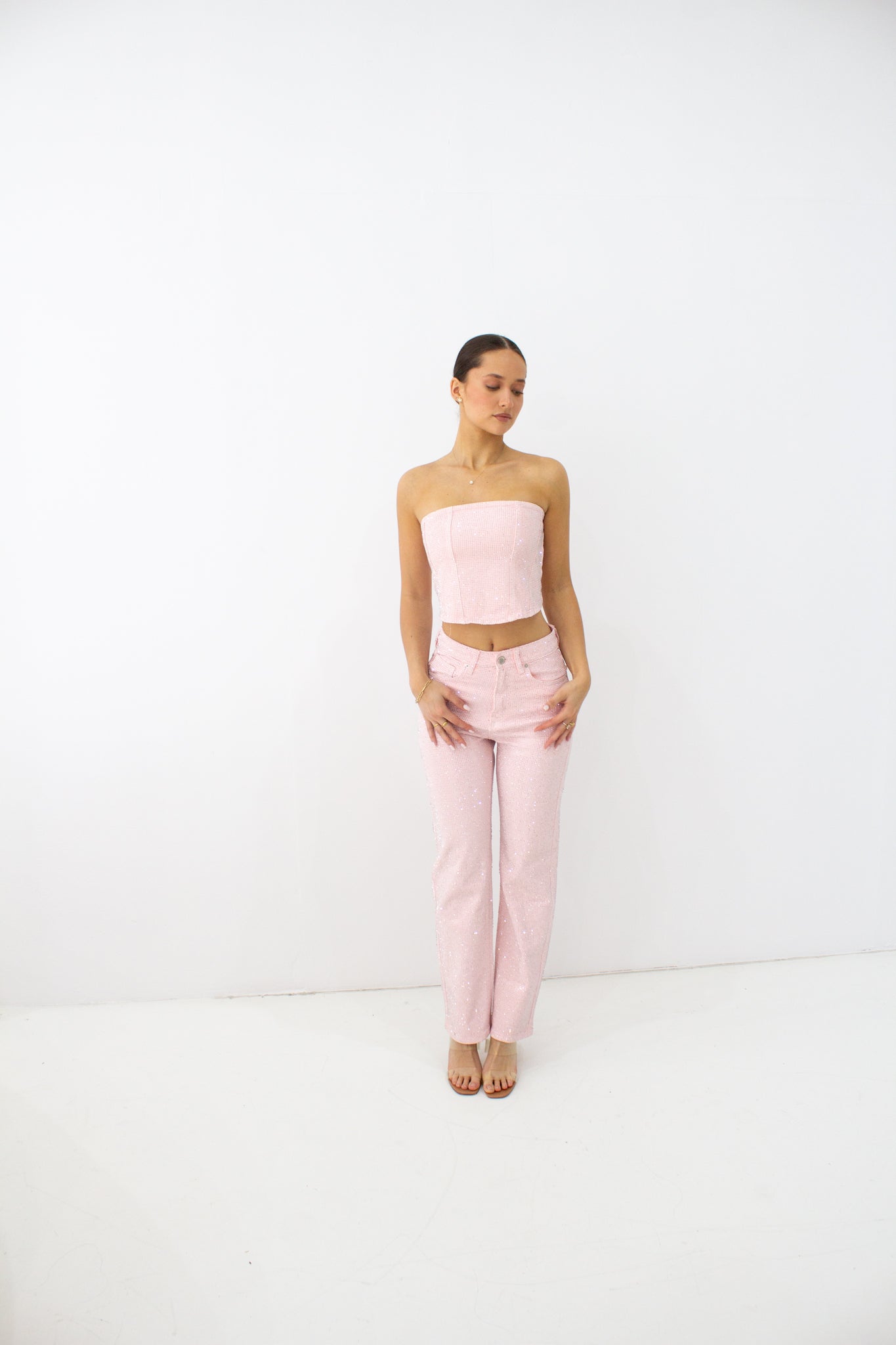 RHINESTONE STRAIGHT LEG JEANS PINK