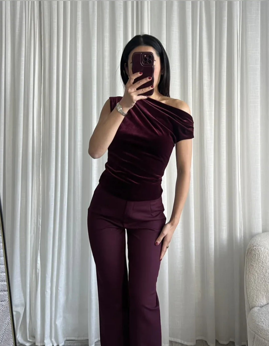Off shoulder velvet top burgundy