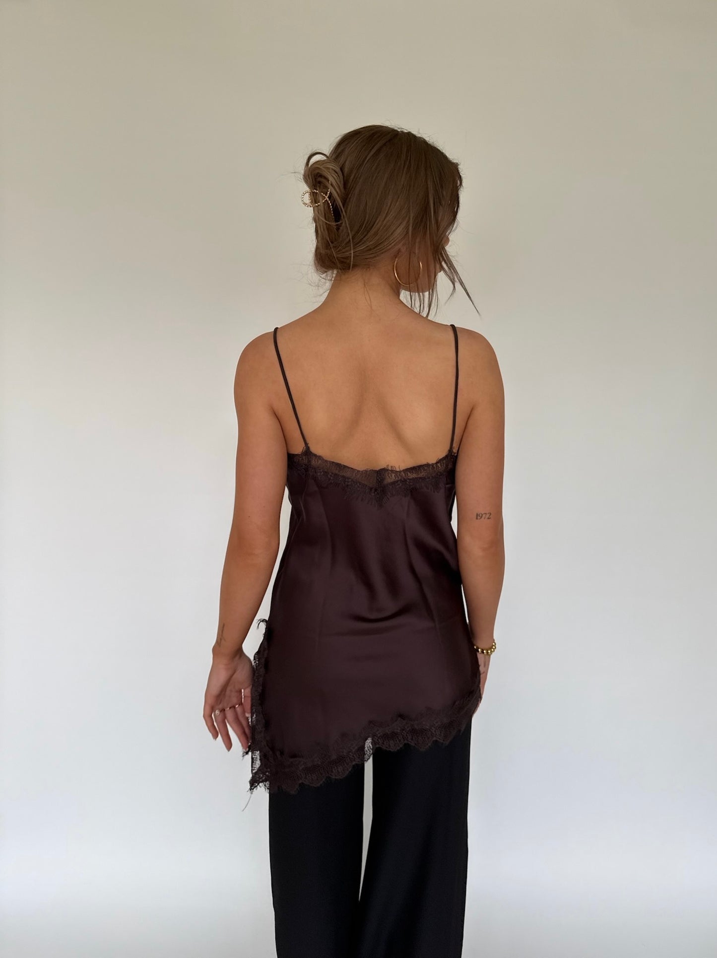 Asymmetric satin lace top