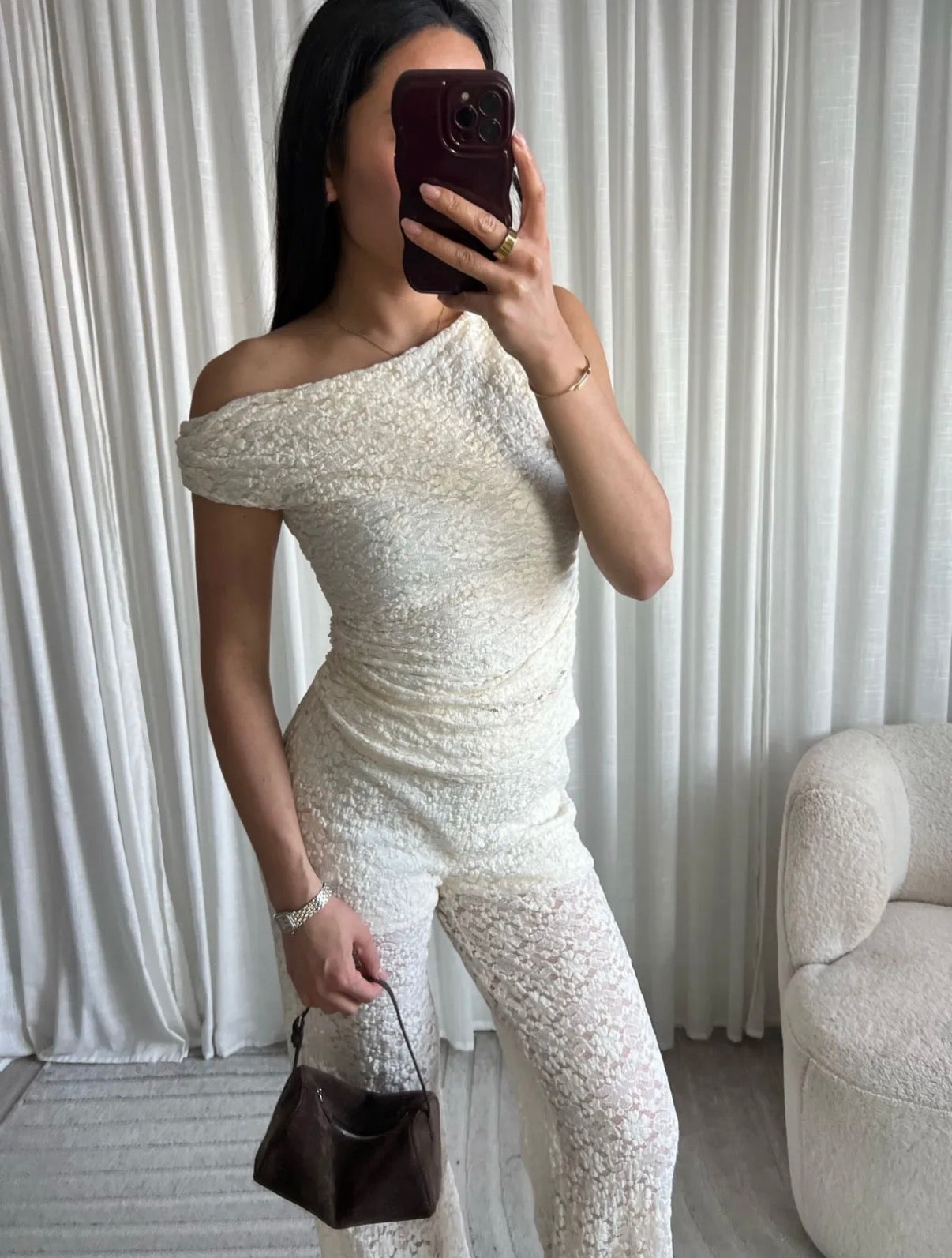 Lace off shoulder top cream