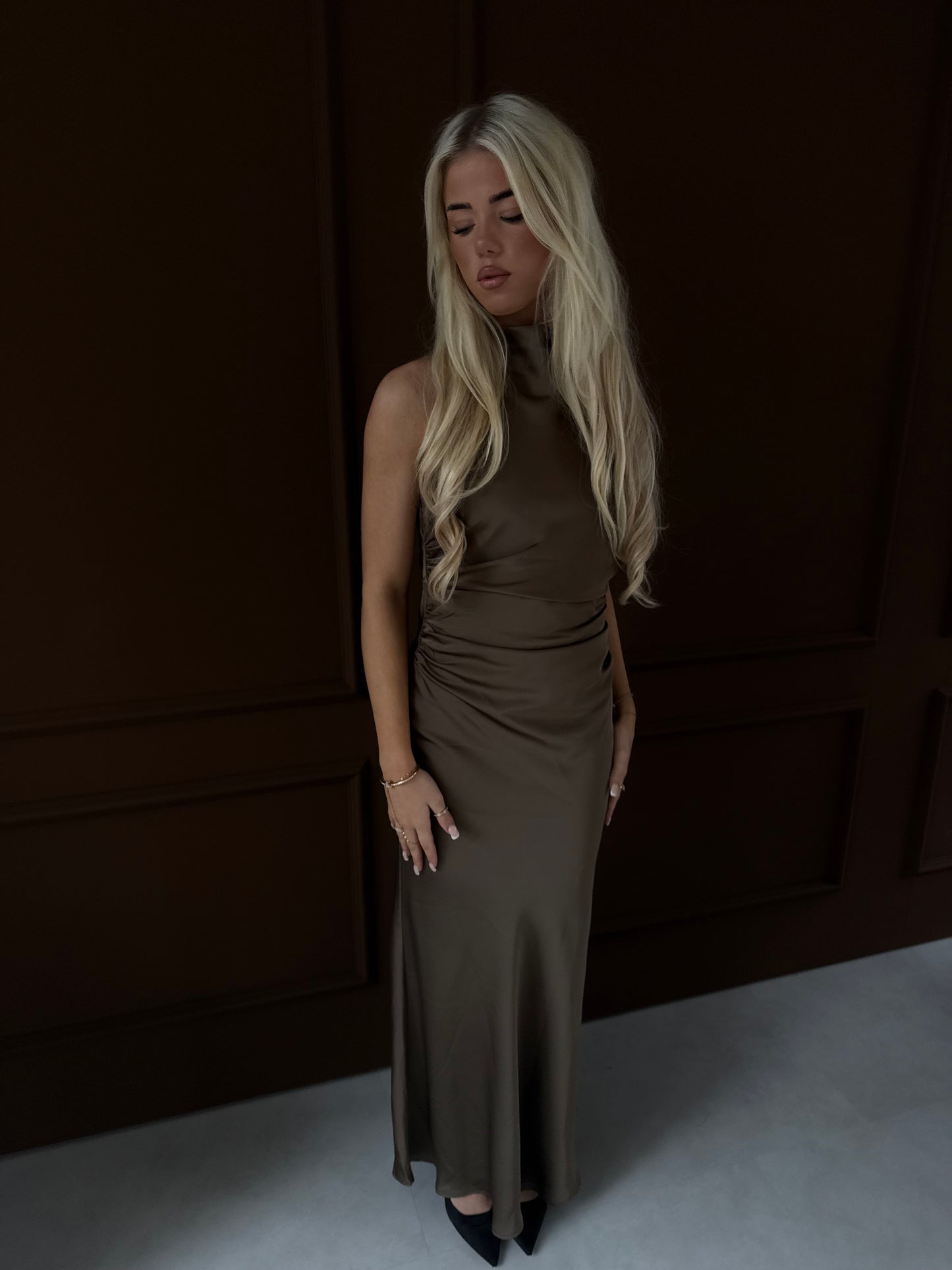 maxi satin dress taupe