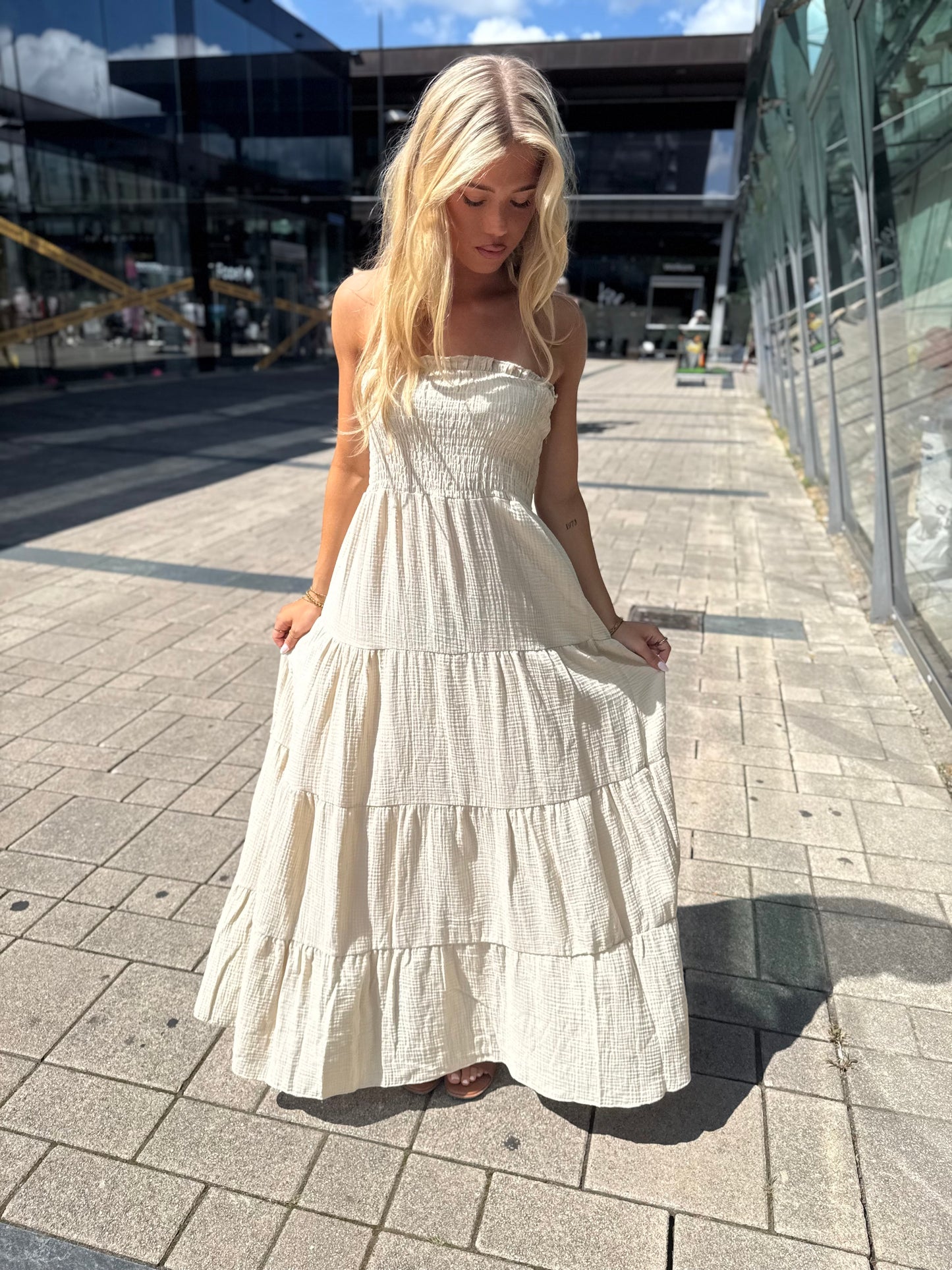 Strapless cotton dress beige