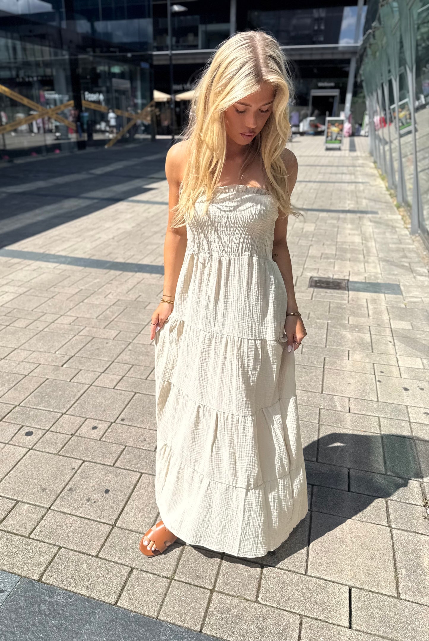 Strapless cotton dress beige