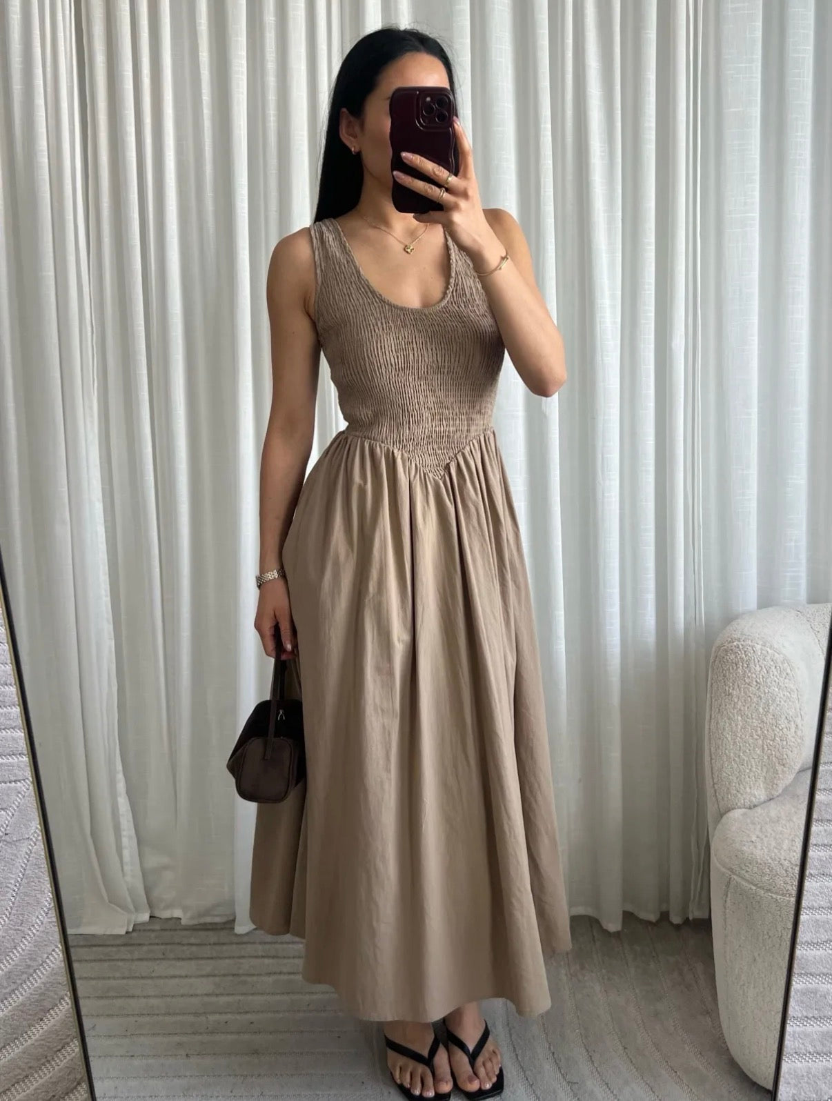 Smocked cotton maxi dress taupe