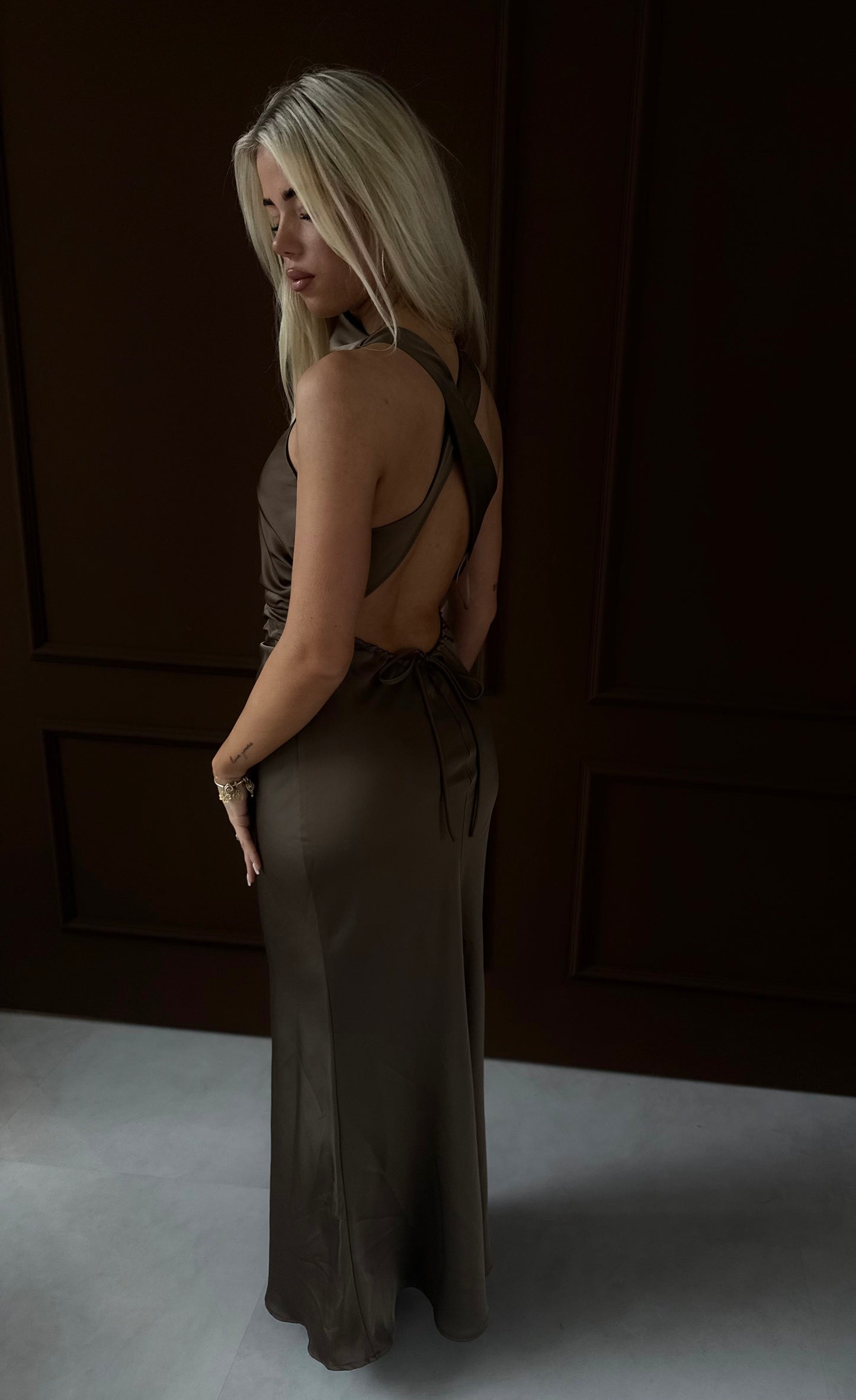 maxi satin dress taupe