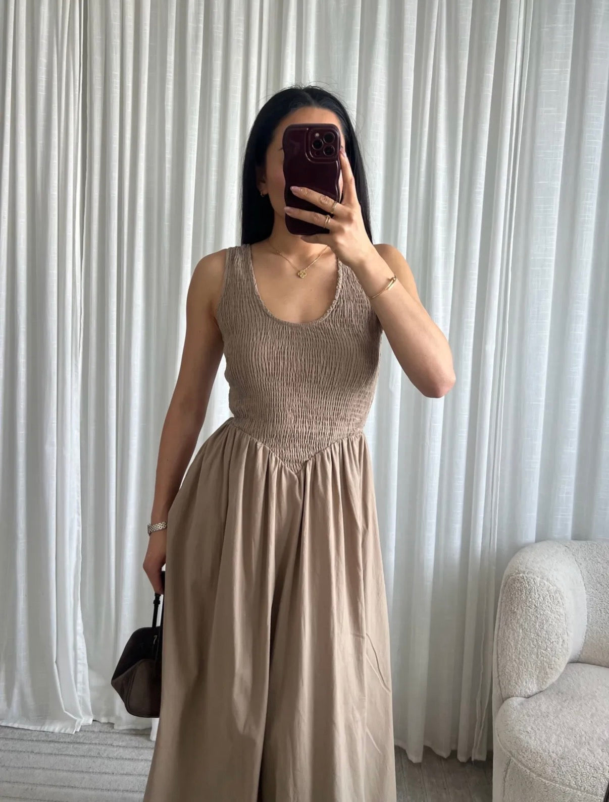Smocked cotton maxi dress taupe