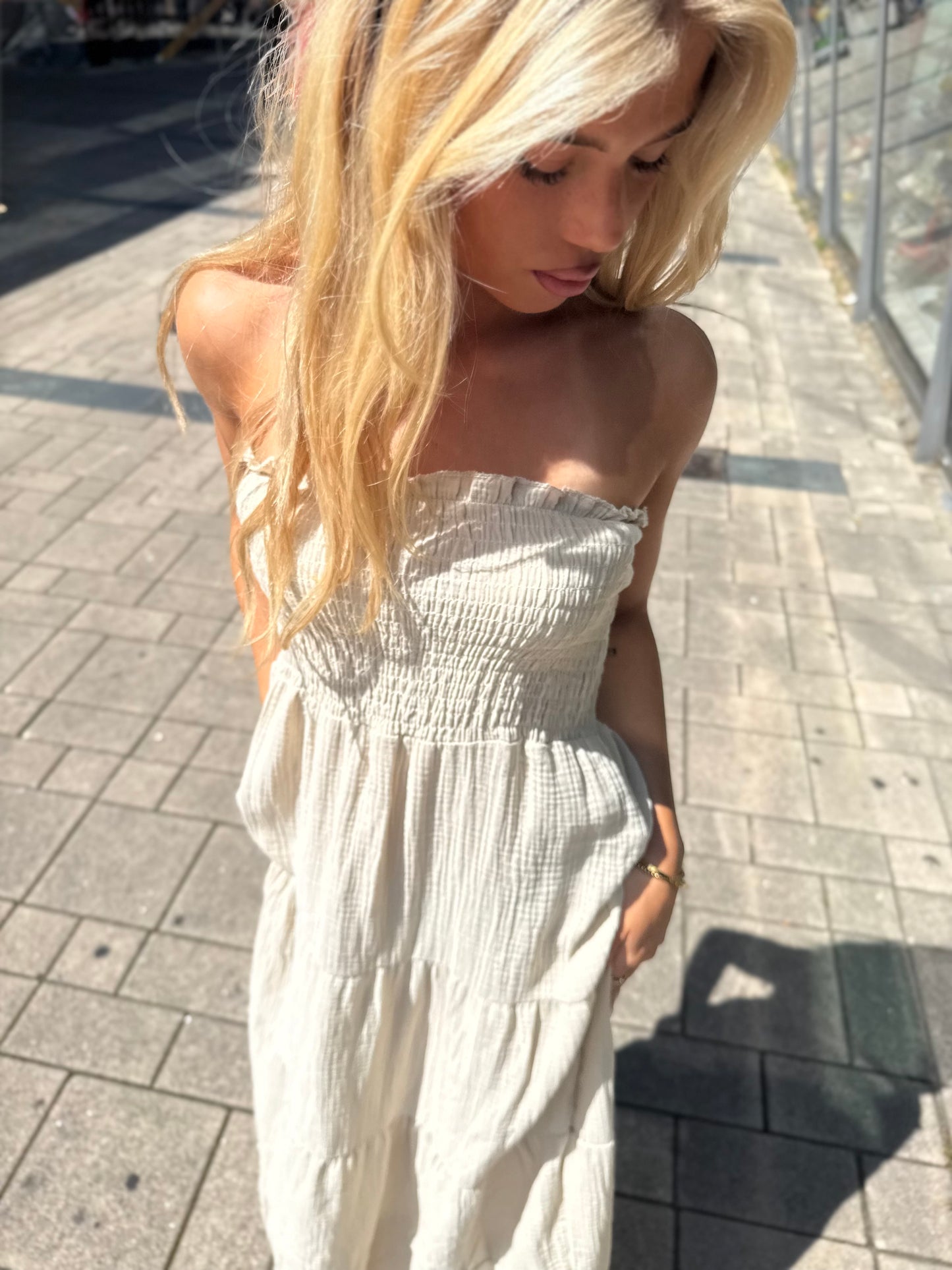Strapless cotton dress beige