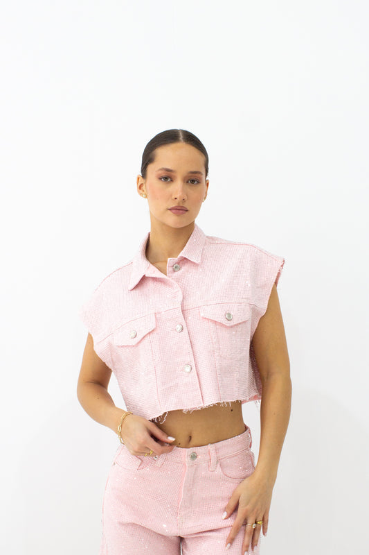 RHINESTONE SLEEVELESS JACKET PINK