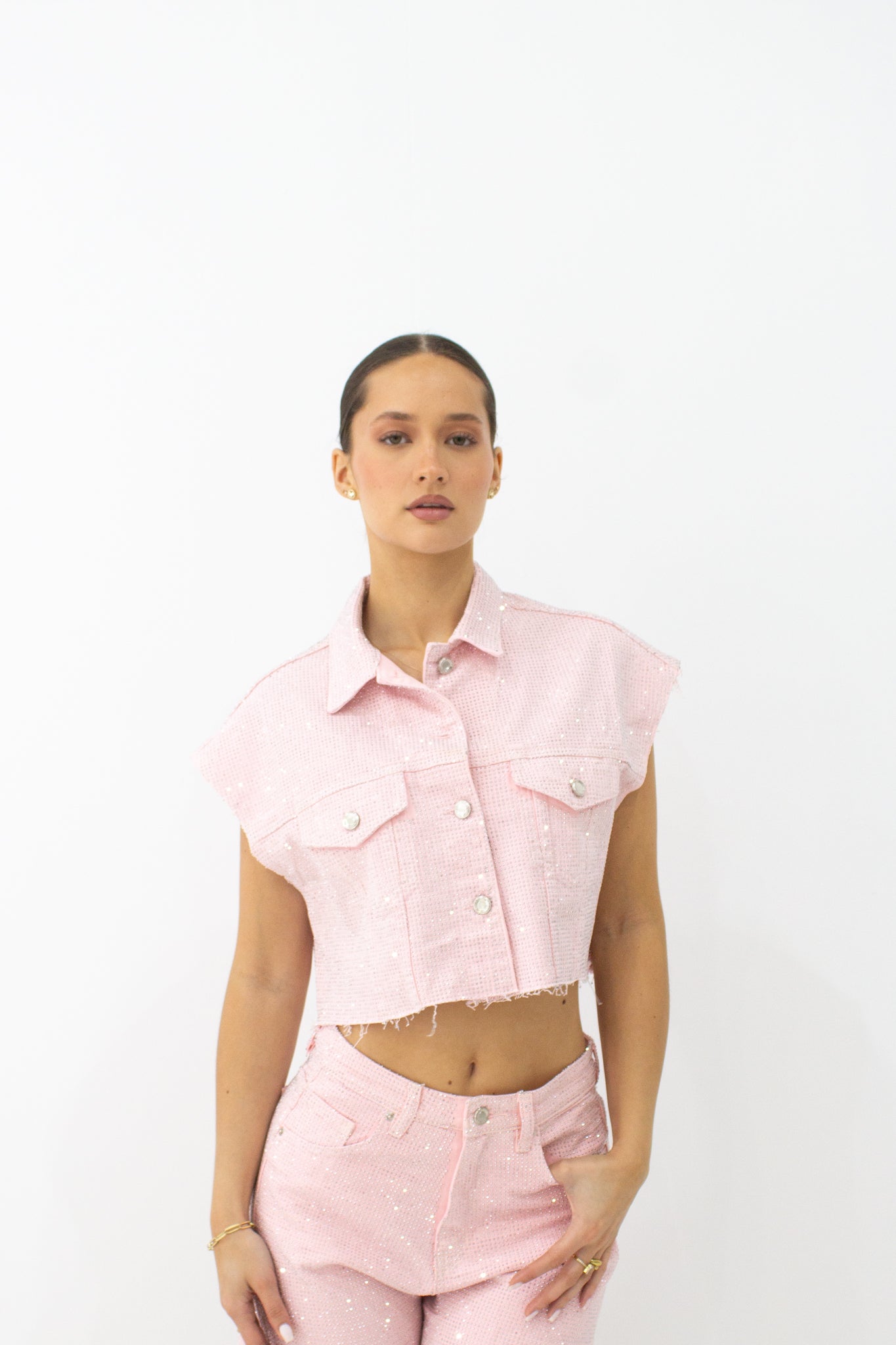 RHINESTONE SLEEVELESS JACKET PINK