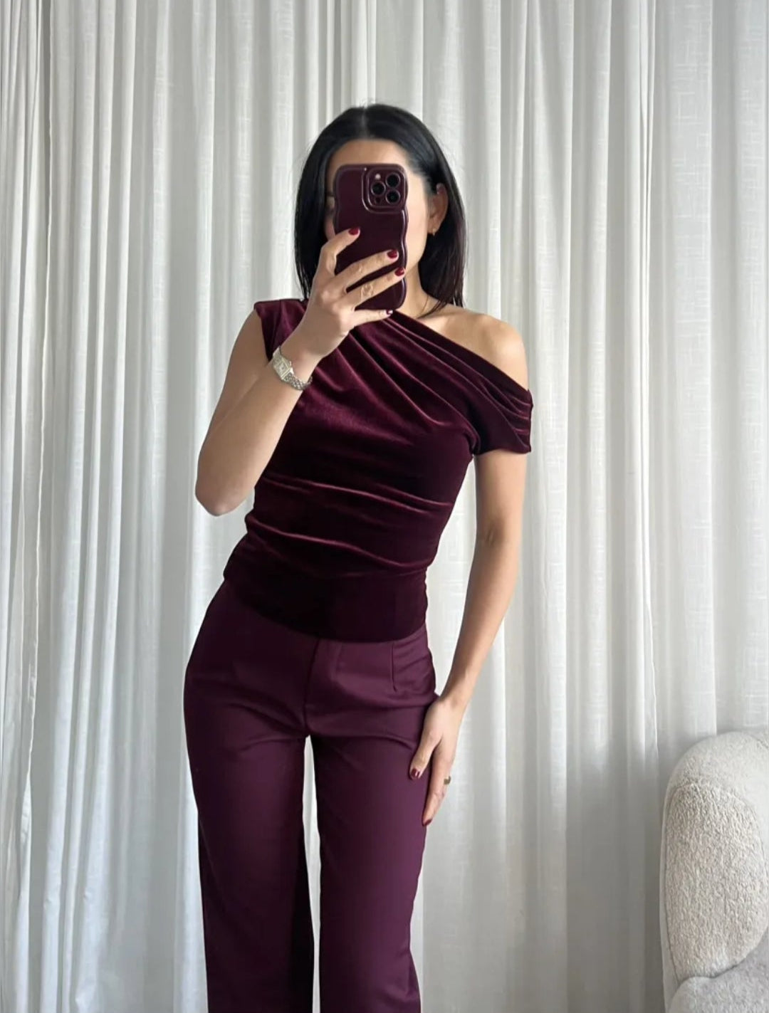 Off shoulder velvet top burgundy